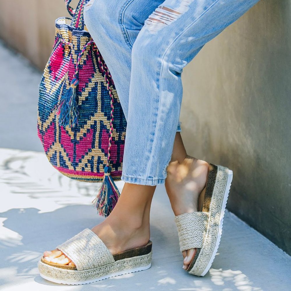 NEW🔥 Natural Jute Raffia Espadrille Slide Sandals Platform Wedge Heel Open Toe - Picture 2 of 11